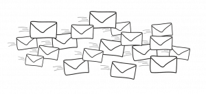 Photo shows a line drawing of several envelopes in a cartoon style.