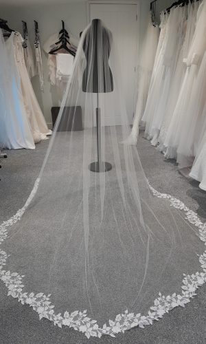 Photo image of veil S406 by Bianco Evento. Veil has a lace motif edging.