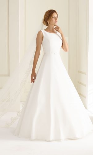 Lucky Sixpence Bridal - bridal gowns. Imperia by Bianco Evento. Plain A-line chiffon wedding dress with round neckline, v back, and plain skirt.