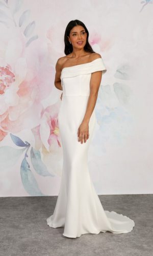 Lucky Sixpence Bridal Bridal Gown BL475 "Megan". A one-shoulder fit-and-flare gown in soft jersey and waltz satin.